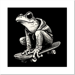 Retro Black and White Frog Skateboarder Posters and Art